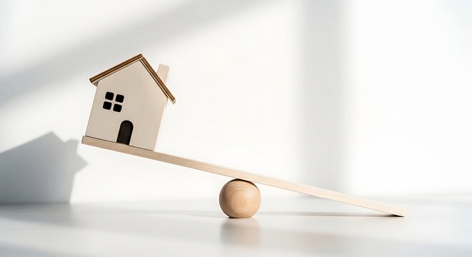 Wooden miniature house on seesaw, balanced on a wooden ball, shadow on white surface