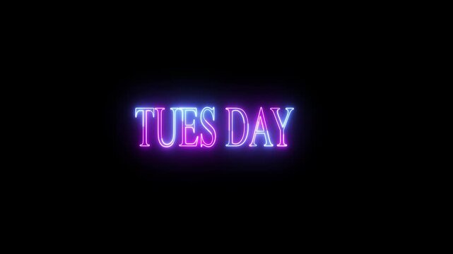 Retro Neon Tuesday Typography with Blue and Pink Glow glowing word, weekend concept 4k video.