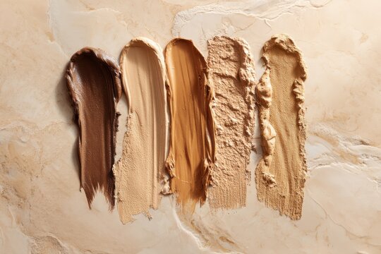Five parallel swatches of diverse liquid makeup foundation shades on textured surface with foundation cosmetics concealer swatches skincare viscosity cosmetic blending background material