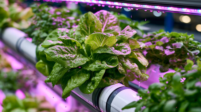 Futuristic indoor vertical farming system featuring hydroponic pipes filled with thriving lettuce and herbs illuminated by pink LED lighting, sparkling water dripping from vibrant green foliage, sus