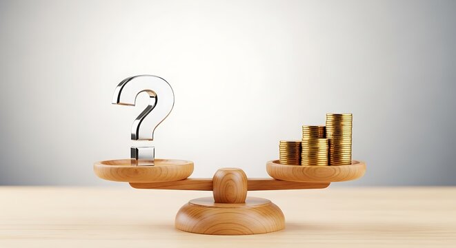 Wooden scale with question mark opposite stacks of gold coins, symbolizing financial unknowns
