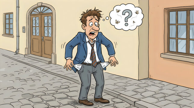 Broke man showing empty pockets on a city street illustration