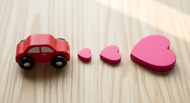 Wooden red car transitions into three pink hearts on a textured light wooden surface