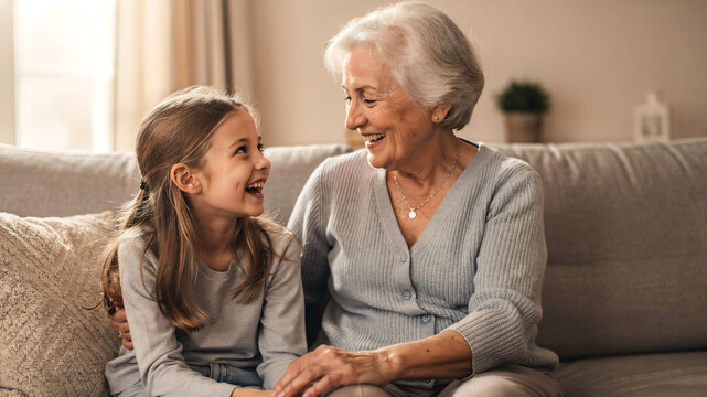 Cute school-age girl spending quality time with her elderly grandmother at home, multigenerational family sitting together on a cozy couch, laughing and enjoying a warm, trustworthy conversation.
