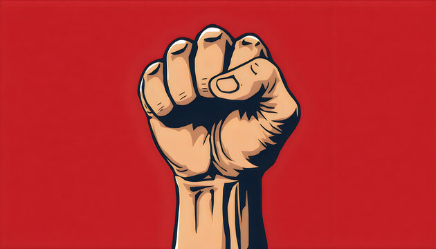 Raised fist symbol of protest and power on red background illustration