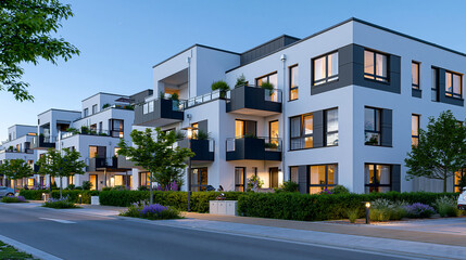 Obraz premium Luxury residential development featuring rows of modern white semi detached homes, dark contemporary accents, vibrant green hedges, smooth paved streets, minimalist urban planning, peaceful neighbor