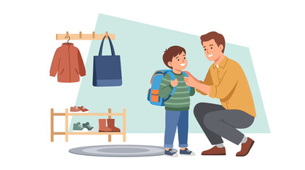 Fototapeta premium Little Child Getting Ready for School in the Morning Putting on Shoes and Backpack Vector Illustration