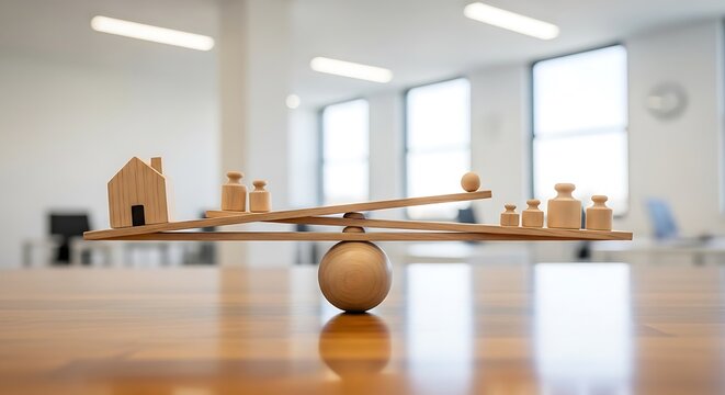Wooden scales hold a house vs weights, symbolizing balance and comparison. Blurred office background