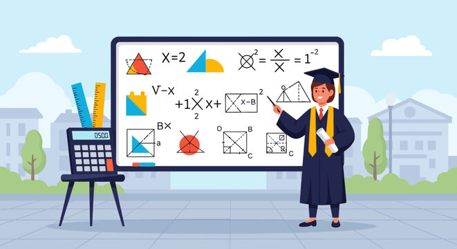 Graduation student explains complex math equations on a whiteboard.