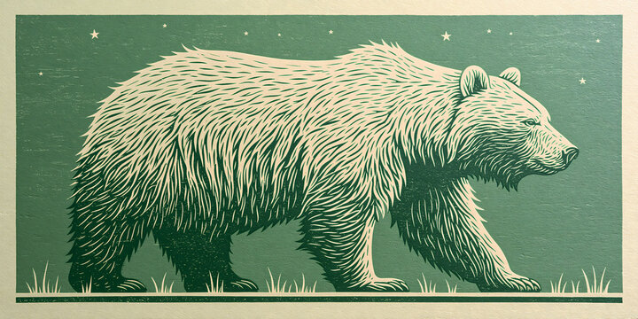 Large brown bear walking across the grass with its head down and its mouth open.
