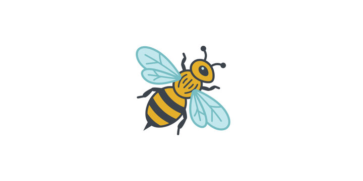 Cartoon illustration of a honey bee with yellow and black stripes and blue wings.