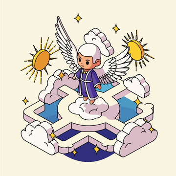 Isometric illustration of a cute angel standing on clouds