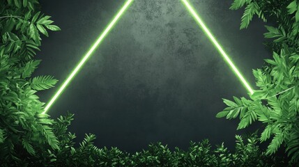 Obraz premium Neon Light Border with Jungle Foliage Triangular neon border in vibrant green enclosing a dark background with cascading jungle vines and exotic leaves, creating a dynamic, tropical design.