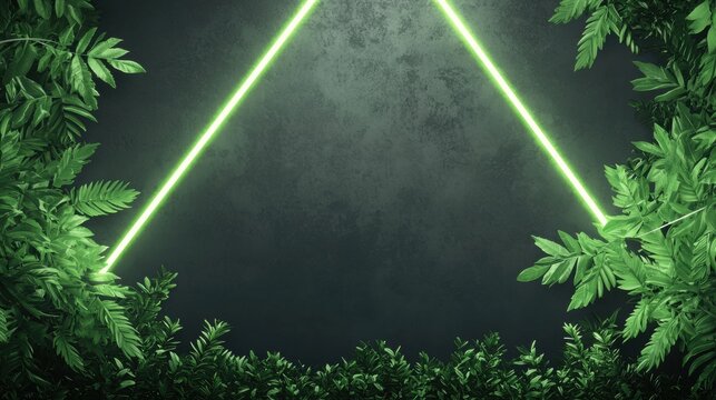 Neon Light Border with Jungle Foliage Triangular neon border in vibrant green enclosing a dark background with cascading jungle vines and exotic leaves, creating a dynamic, tropical design.