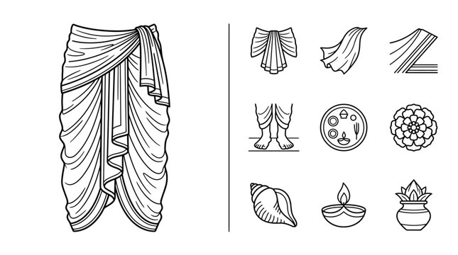 Indian traditional clothing dhoti and cultural icons set