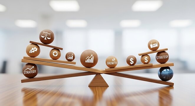 Wooden seesaw balancing financial symbols & strategy icons, representing market growth