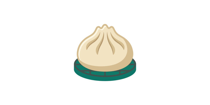 Cartoon illustration of a single steamed dumpling on a small green plate.
