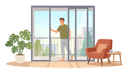 Fototapeta premium Vector Illustration of a Hand Opening a Glass Balcony Door Leading to a Sunny Outdoor Terrace View