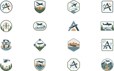 Vintage aviation adventure badge vector icon set featuring biplanes airplanes mountains forests compasses and wilderness travel expedition emblems © Md