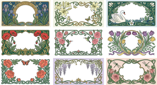 Vintage art nouveau floral frame collection featuring ornate botanical borders swan and hummingbird labels for design