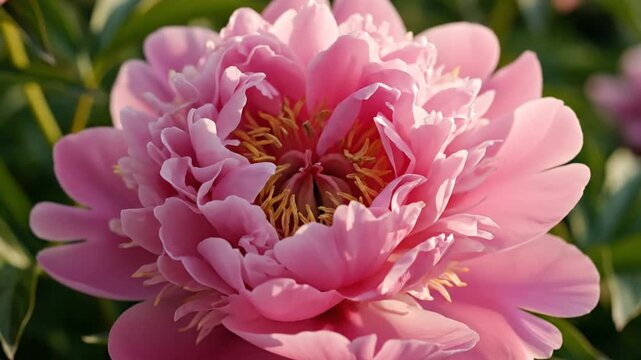 Detailed macro close-up of a soft pink peony flower in full bloom featuring ruffled petals and yellow stamens under warm natural golden hour light in a garden setting.