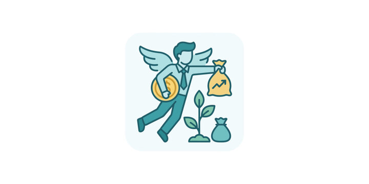 Cartoon illustration of a winged angel investor providing financial capital to a growing startup plant.