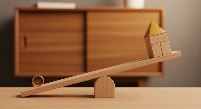 Wooden seesaw with house blocks, ring, and cabinet on a table