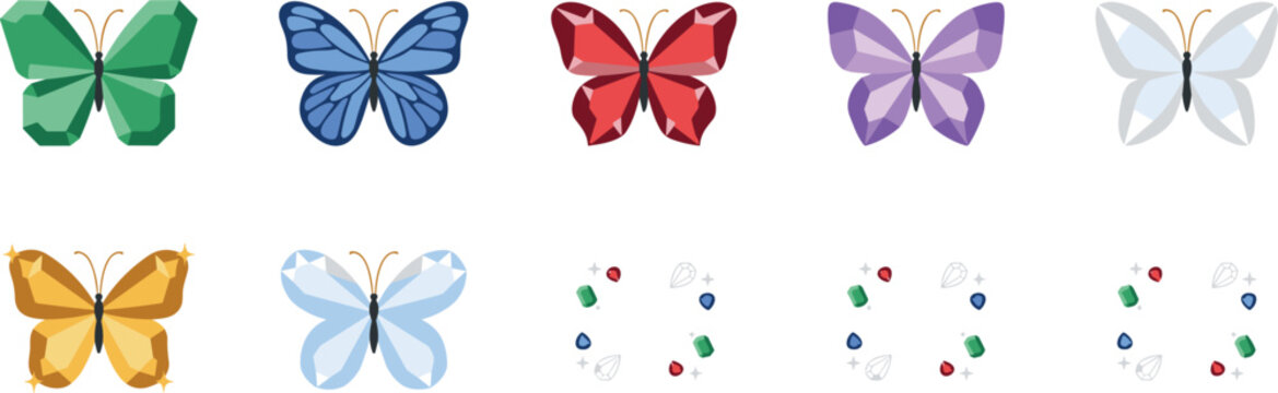 Colorful low poly geometric crystal butterfly vector icon collection with loose gemstones for fashion pattern design