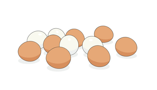 Collection of fresh organic brown and white chicken eggs scattered on a white surface.