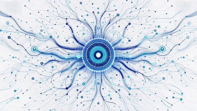Abstract blue digital network sphere with interconnected nodes and circuits