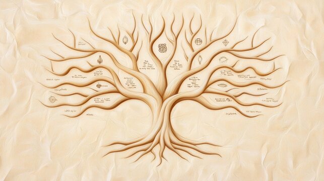 wisdom Tree of Knowledge An intricate drawing of a tree of knowledge with symbols and words inscribed on its leaves and branches, representing different fields of knowledge and human understanding.