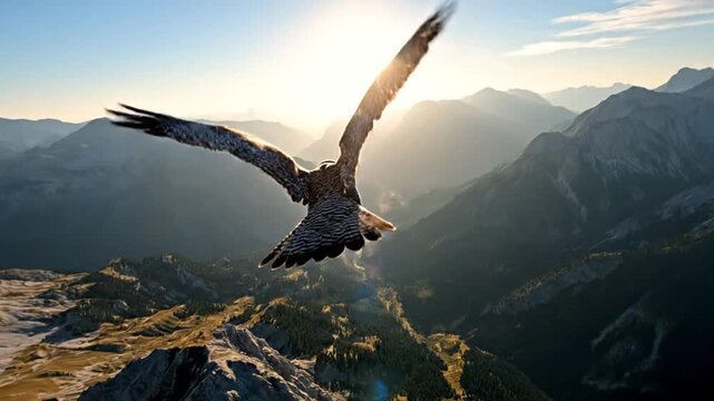 Low angle view of a peregrine falcon flying with wings fully extended against a bright blue sky with wispy clouds, showing detailed barred feather patterns and raptor anatomy.