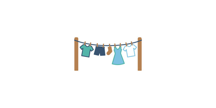Cartoon Illustration of Colorful Clothes Hanging on a Laundry Line.