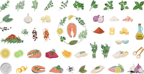 Culinary cooking ingredients set featuring raw salmon fish steaks fresh herbs olive oil and spices vector © Md