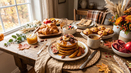 Fototapeta premium Pancakes served with maple syrup and fresh figs create a cozy autumn breakfast scene on a wooden table.