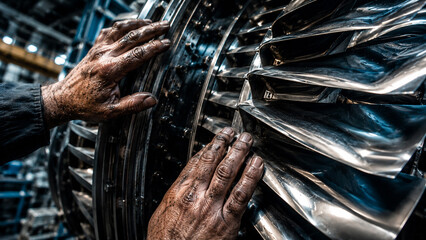 Mechanic dirty hands inspecting jet engine turbine blades during aircraft maintenance ©  TIMOO