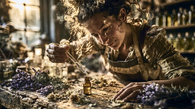 Artisan creating custom essential oils and perfumes in an organic botanical laboratory