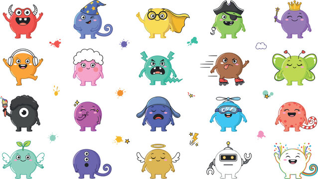 Cute cartoon monster and alien characters vector icons set featuring wizard superhero pirate robot king angel and funny fantasy creatures design elements