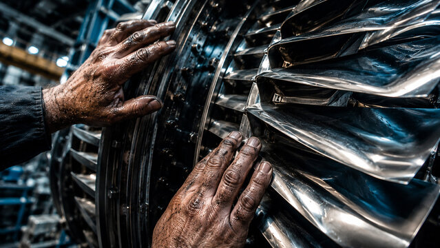 Mechanic dirty hands inspecting jet engine turbine blades during aircraft maintenance