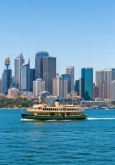 Naklejka premium Sydney Ferry Crossing the Harbour with Modern City Skyline Skyscrapers in the Background, Australia