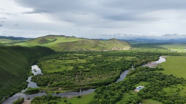 Aerial drone view of Hulunbuir grassland landscape in Inner Mongolia