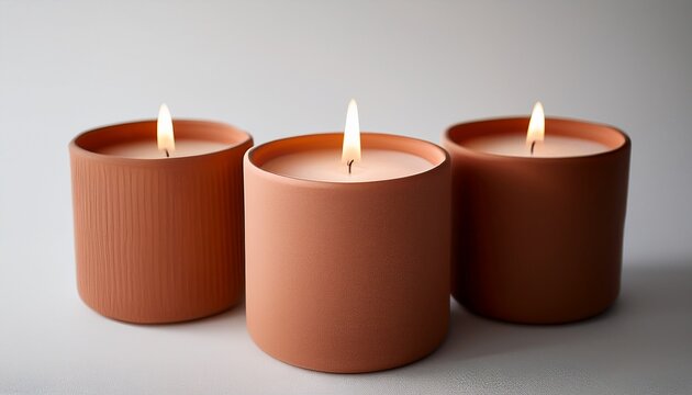 Three Lit Terracotta Candles On A White Surface With Soft Lighting