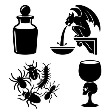 Halloween, Gothic alchemy vector icons, dark fantasy occult symbols, gargoyle statue and poison bottle graphics, creepy insects and skull chalice set isolated on White Background