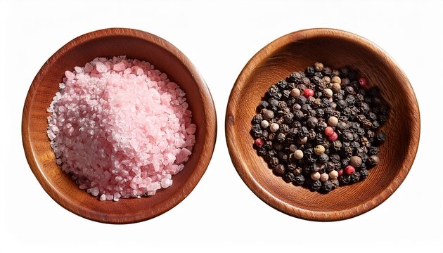 Two Wooden Bowls With Pink Salt And Black Peppercorns