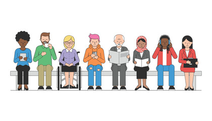 Obraz premium Diverse group of people in casual attire sitting together on a long bench holding books, tablet, phone, and coffee.
