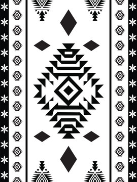 Traditional Native American tribal geometric rug seamless pattern vector illustration. Black and white Aztec Navajo center medallion design with borders.
