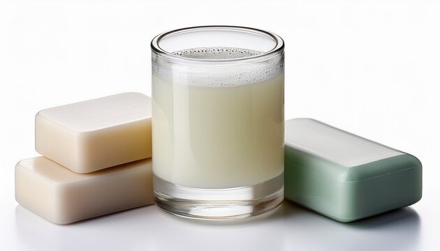 Liquid Soap And Two Pieces Of Solid Soap Isolated On White Background