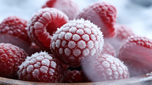 Macro view of frozen red raspberries covered in white frost crystals, displaying detailed texture in a wooden bowl with a shallow depth of field and soft background.