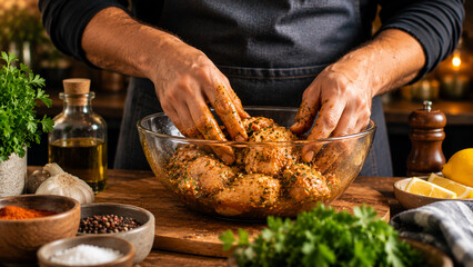 Chef marinating raw chicken pieces with herbs and spices in glass bowl ©  TIMOO