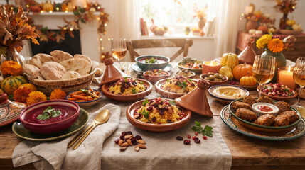 Fototapeta premium Tagine pots and assorted small plates create an inviting banquet for a group dinner during the autumn season.